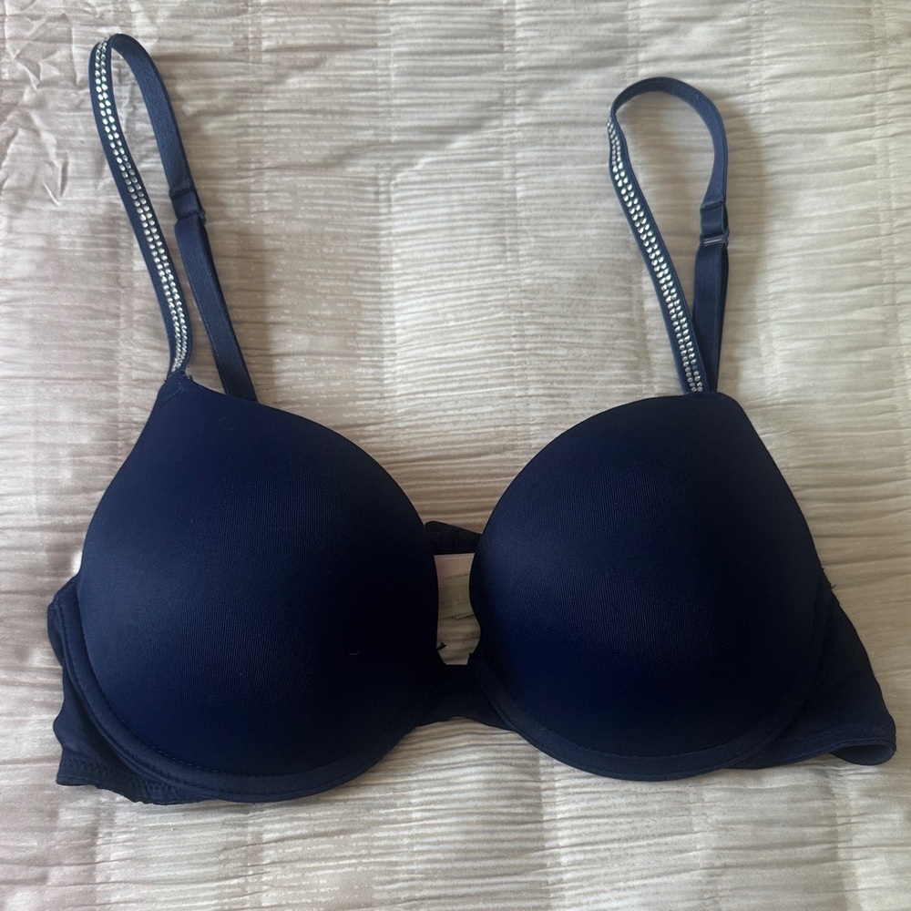 PINK Rhinestone Push-up Elegant Navy Blue Bra